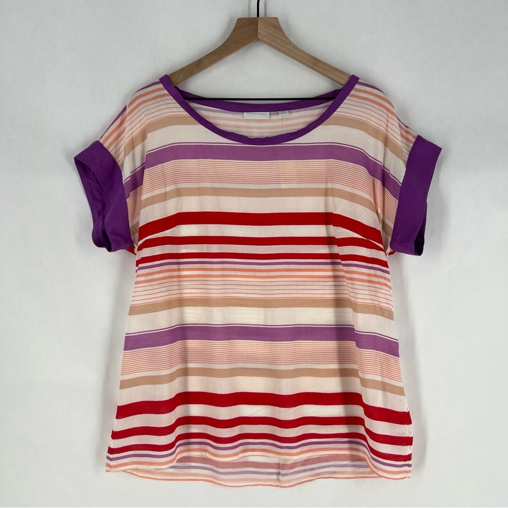 New York & Company Red Purple Pink Striped Lightweight Boxy Tee NWT‎ Size L
